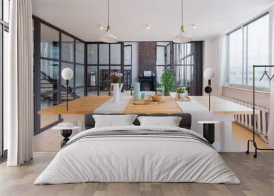 trendy modern design two-level apartment with large high windows. the stylish living room and kitche Wall mural