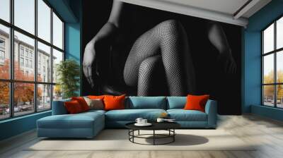 Girl in black fishnet stockings against dark background. Sexy woman in stockings sitting on chair. Strict woman domination bdsm concept. Wall mural