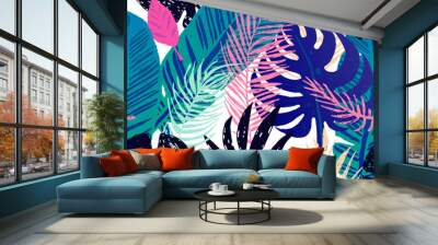 Seamless trendy pattern with blue exotic palm leaves on a white background. Vector botanical illustration Wall mural