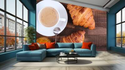 Cap coffee cappuccino and two croissant with jam Wall mural