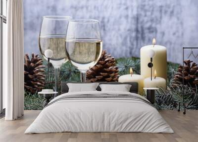 New Year card  design with two glass-wine, candles and christmas tree Wall mural