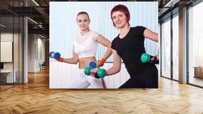 two fitness women lifting dumbbells Wall mural