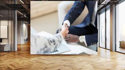 Happy businesswoman handshaking with client closing deal in an office interior with a window in the background Wall mural