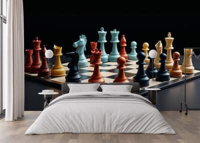 A minimalist chess set with sleek, abstract pieces resting in perfect alignment, each piece bathed in soft light against the dark backdrop, Generative AI Wall mural