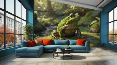 A serene  of a frog sitting on a moss-covered rock in a sunlit forest, embodying the peaceful coexistence of wildlife and nature, Generative AI Wall mural