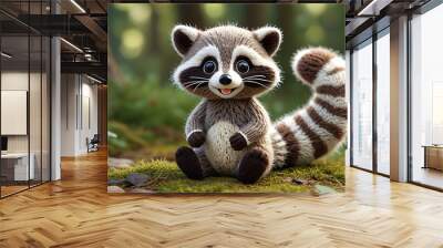 An adorable knitted raccoon with a mischievous grin and bushy tail, adding a playful element to any woodland or outdoor-themed decor, Generative AI Wall mural