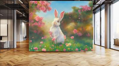 Artistic cartoon painting of fantasy rabbit in the garden, wallpaper Wall mural