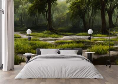 Artistic concept illustration of a panoramic swamp landscape, background illustration. Wall mural