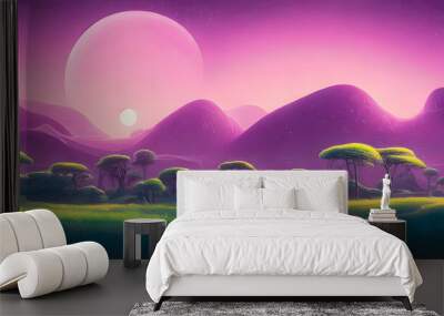 Artistic concept of painting a beautiful landscape of savannah in Africa, with meadows in the background. Tender and dreamy design, background illustration Wall mural