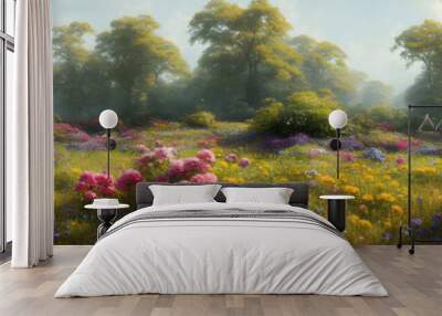 Artistic concept of painting a beautiful landscape of wild nature, with flowery meadows in the background. Tender and dreamy design, background illustration. Wall mural