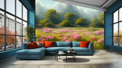 Artistic concept of painting a beautiful landscape of wild nature, with flowery meadows in the background. Tender and dreamy design, background illustration. Wall mural