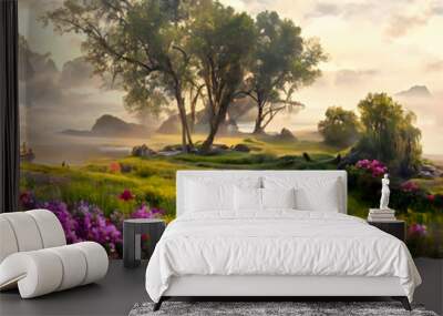 Artistic concept of painting a beautiful landscape of wild nature, with flowery meadows in the background. Tender and dreamy design, background illustration Wall mural