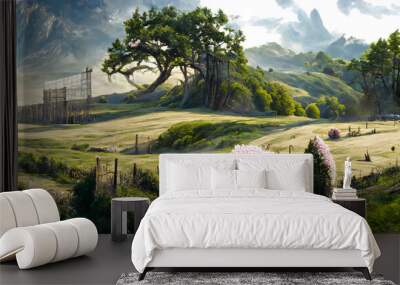 Artistic concept of painting a beautiful landscape of wild nature, with flowery meadows in the background. Tender and dreamy design, background illustration Wall mural