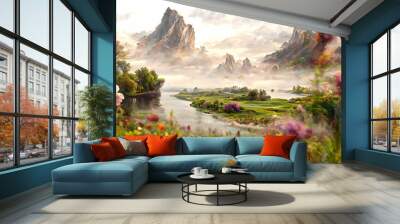 Artistic concept of painting a beautiful landscape of wild nature, with flowery meadows in the background. Tender and dreamy design, background illustration Wall mural