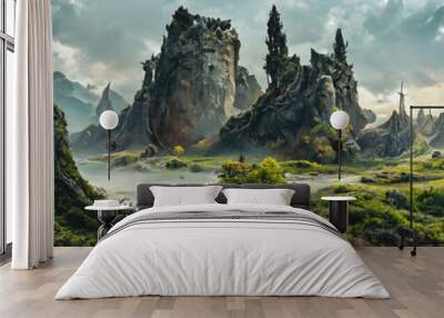 Artistic concept painting of a beautiful sci-fi landscape, with a future thing in the background. Tender and dreamy design, background illustration. Wall mural