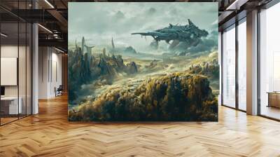 Artistic concept painting of a beautiful sci-fi landscape, with a future thing in the background. Tender and dreamy design, background illustration. Wall mural