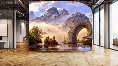 Artistic concept painting of a beautiful sci-fi landscape, with a future thing in the background. Tender and dreamy design, background illustration. Wall mural