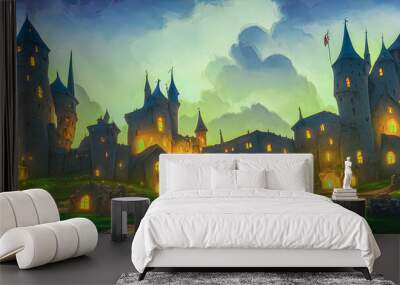 Artistic concept painting of a beautiful wilderness landscape, with a picturesque castle in the background. Tender and dreamy design, background illustration. Wall mural