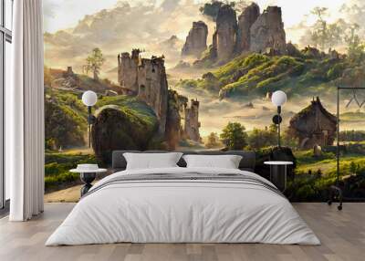 Artistic concept painting of a beautiful wilderness landscape, with a picturesque castle in the background. Tender and dreamy design, background illustration. Wall mural