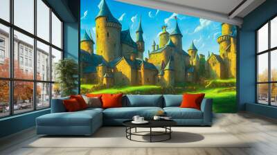 Artistic concept painting of a beautiful wilderness landscape, with a picturesque castle in the background. Tender and dreamy design, background illustration. Wall mural