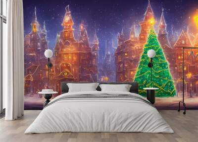 artistic concept painting of a christmas street at night, background illustration. Wall mural