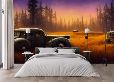 Artistic concept painting of a old timer car in the forest, background illustration. Wall mural