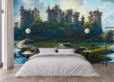 Artistic illustration of a fantasy castle on the beautiful landscape. Wall mural