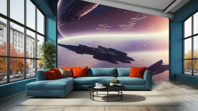 Artistic painting concept of spaceship in futuristic landscape, digital art style, illustration background painting. Creative Design, Tender and dreamy design. Wall mural