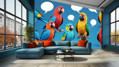 Comic parrot birds set isolated on a blue background. Vector cartoon illustration of exotic feathered mascots standing, lying with speech bubbles. Generative AI. Wall mural