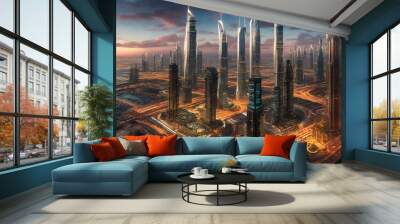 Futuristic cityscape set against a desert. The vibrant colors architecture of Dubai are captured in this abstract piece,showcasing the city's futuristic vision and innovative design. Generative AI Wall mural