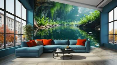 In the Crystal Cavern Pool, crystal-clear waters reflect the lush, green foliage of aquatic plants, creating a tranquil and enchanting underwater world, Generative AI Wall mural