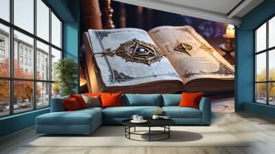 Magic book icon depicted as an old fantasy wizard game vector. Features ancient alchemy paper for witchcraft, representing an antique library grimoire assets illustration isolated. Generative AI. Wall mural