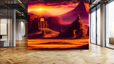 Painting of an ancient temple in the dramatic landscape. Wall mural