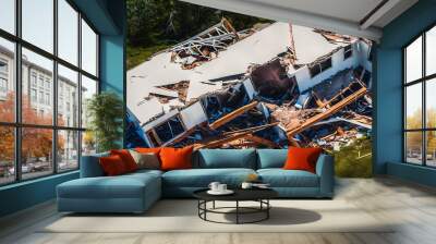 Scene of devastation as a hurricane has ravaged a once-beautiful house. The roof is missing, windows are shattered, and debris is scattered everywhere. The stark contrast between the destruction and t Wall mural