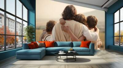 Children hugging and listening to Jesus. Back view. Generative AI illustration Wall mural