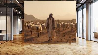 Jesus as shepherd leading a herd of sheep. Generative AI illustration Wall mural