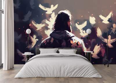 Jesus Christ with a dove. Generative AI illustration Wall mural