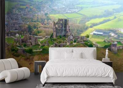 Amazing Corfe Castle in England from above - aerial view -aerial photography Wall mural