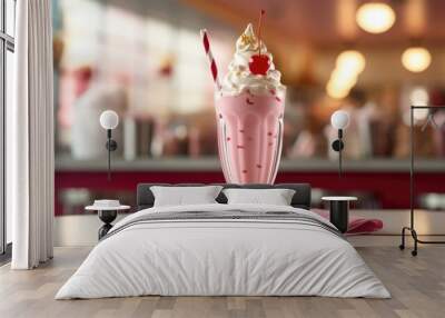 Cherry Milkshake in a Classic American Diner - food photography - made with Generative AI tools Wall mural