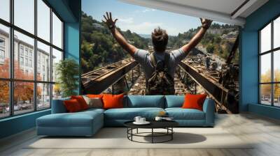 Man conquering his fear by bungee jumping off a bridge  - stock photography concepts Wall mural