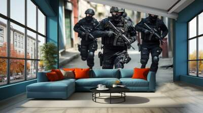 Special force police officers chasing a criminal - stock photography Wall mural