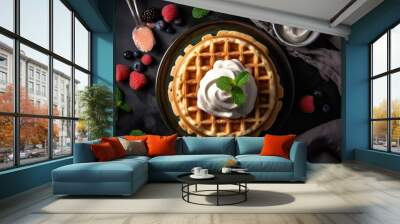 top down view of a Belgian waffle with whipped cream Wall mural