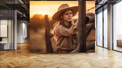 Young beautiful woman with blonde hair as a cowgirl on a farm - made with Generative AI tools Wall mural