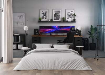 Games room with a cyber gamer computer. 3d render of neon lighting Wall mural