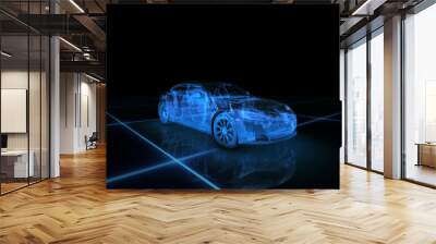 Sport car wire model with blue neon ob black background Wall mural