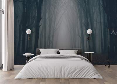 Forest in fog with mist. Fairy spooky looking woods in a misty day. Cold foggy morning in horror forest with trees Wall mural