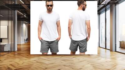 Front and back view of a handsome man with beard wearing white blank t-shirt with space for your logo or design on transparent background Wall mural