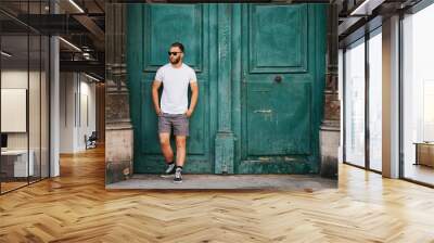 Hipster handsome male model with beard wearing white blank t-shirt with space for your logo or design in casual urban style Wall mural