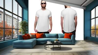 Hipster handsome male model with beard wearing white blank t-shirt with space for your logo or design. Front and back view Wall mural