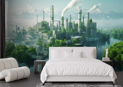 A digital artwork showing a industry transforming into a green, sustainable industrial estate with renewable energy sources Wall mural